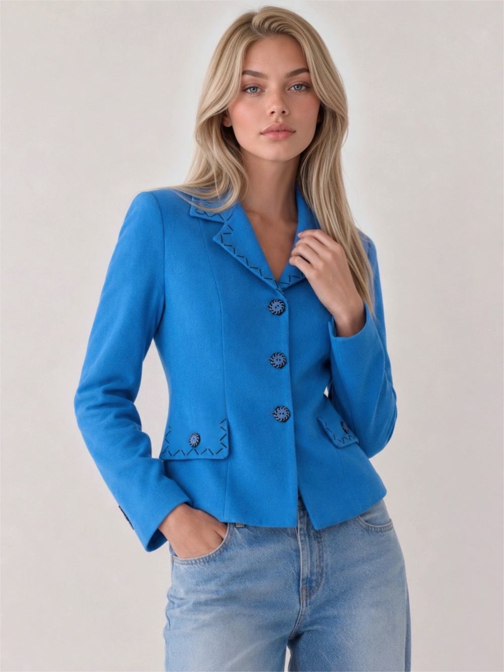Vintage Embroidered Bright Blue Tailored Women's Blazer Jacket